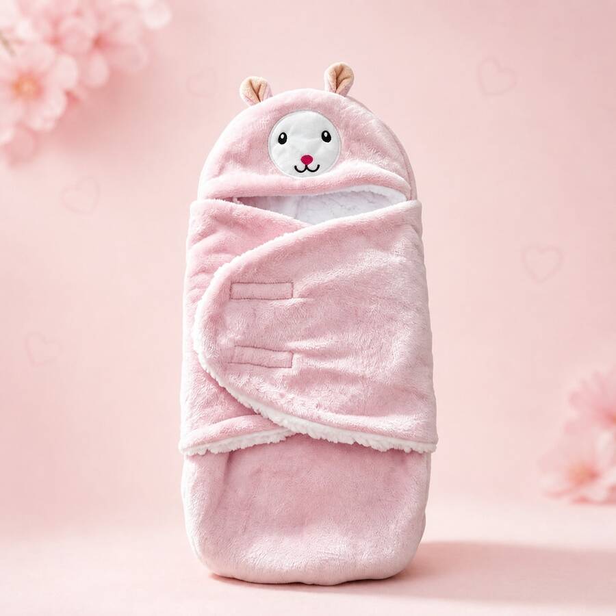 可愛刺繡設計包巾毯-柔軟透氣四季保暖,完美的嬰兒洗禮禮物 - 粉色 - 查看 1