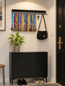 1pc Black Metal Medal Display Rack, Wall-Mounted Medal Hanger With 20 Hooks And Ribbon Storage, Includes Key Hooks, Large Capacity Sports Award Storage Rack, Suitable For Home Gym, Entryway, Bedroom, Back To School Athlete Gift - Black - View 6