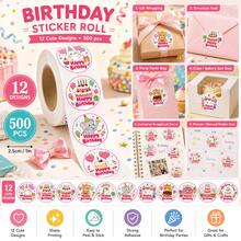 500pcs Pink Birthday Cake Doodle Roll Stickers, 1 Inch Round, 12 Cartoon Patterns Cycle, Office Stationery Stickers, English Happy Birthday, Envelopes, Magazines, Phone Cases, Water Bottles, Computers, Scrapbooks, DIY Journals, Cards, Gift Wrapping - Multicolor - View 2