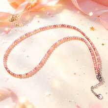 1 PC Strand Of 3mm Faceted Pink Rose Textured Handmade Beaded Necklace, Suitable For All Seasons, Versatile Natural Stone Jewelry/Gift/Valentine's - Pink - View 4