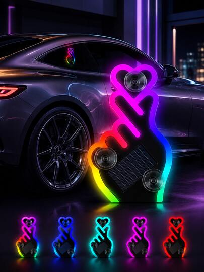 2026 New Solar Powered Car LED Ambient Lights, Suitable For Women's Car Accessories, Finger Heart Shaped Neon Window Decoration Light, With Auto-Sensing Design, 5 Lighting Modes, Romantic Car Interior Decor, Perfect For Couples And Female Drivers, Ideal Gift For Women Friends, Mother's Day And Wedding Season