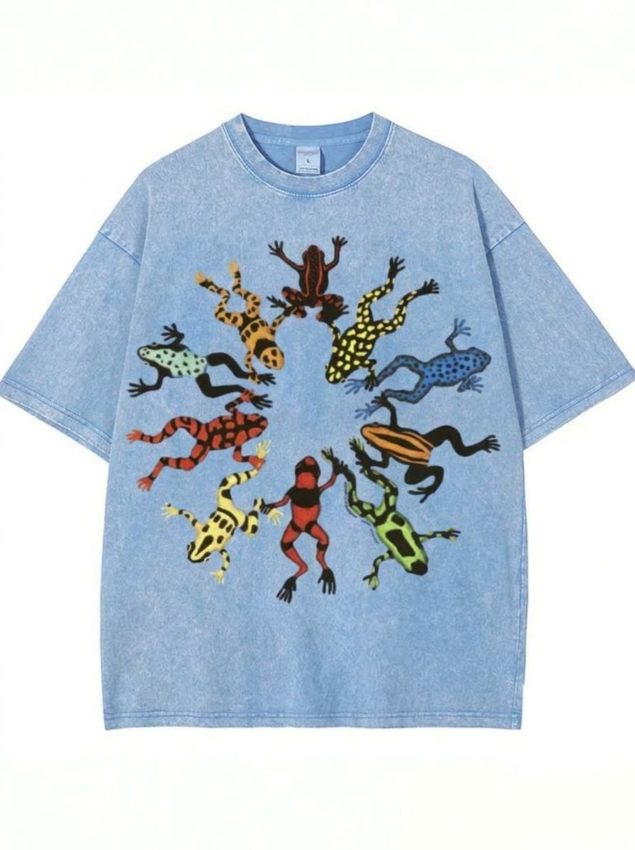 Summer Tops, Washed Cotton, Dancing Frog Feast Print T-Shirt, High-Quality Batik Cotton Vintage Fashion Brand T-Shirt, Unisex T-Shirt, Popular Daily W - Light Blue - 查看 1
