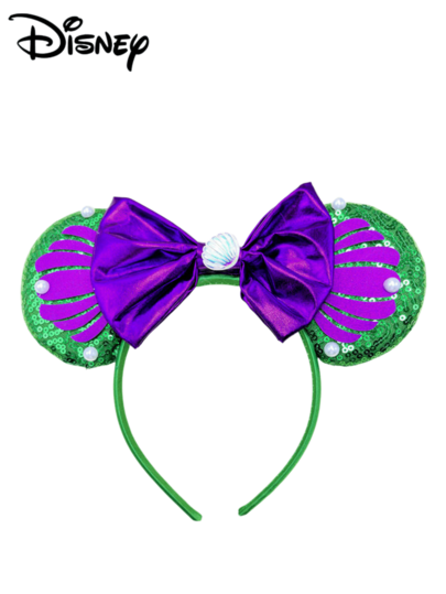 1pc Disney Cartoon Green Sequin Base Purple Shell Pattern + Purple Bow Headband, Hair Accessory Theme Park Series Mickey Minnie Ears Sequin Bow Headpiece For Stage Performance Costume, Holiday Party Birthday Theme Mickey Hair Accessory Headband, Suitable For Festival Party