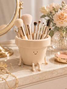 Cute Style Makeup Brush Storage Box, Single Cream Color Smiling Flower Pot Shaped Cosmetic Storage Cup, Decorative Makeup Brush/Lip Liner/Eyebrow Pencil And Beauty Accessories Storage Rack, Cute Vanity Decor - Multicolor - View 8