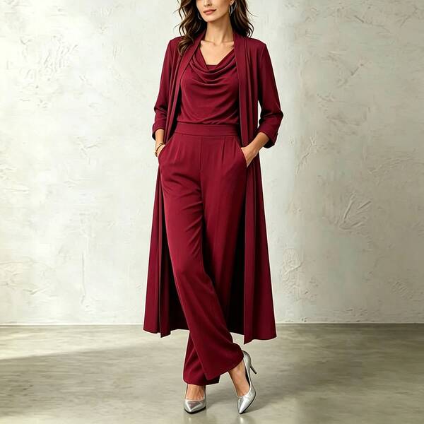 Sophisticated Women 3 Piece Chiffon Outfit Set, Cowl Neck Tank Top + Long Open Cardigan & High Waist Wide Leg Pants Suit