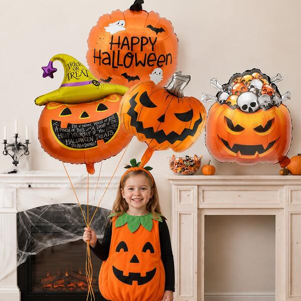 3pcs Halloween Pumpkin Foil Balloons, Self-Sealing Party Decoration Balloons, Gift Toy Balloons, Holiday Party Supplies, Photo Booth Balloons, CE Certified