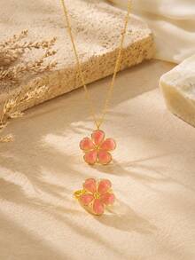 1 Set Elegant Style Enamel Floral Design Stainless Steel Women Jewelry Set Suitable For Date Wear - Yellow Gold - View 6