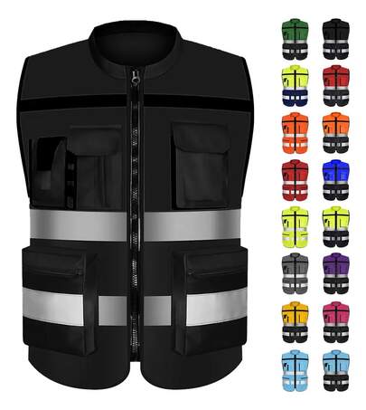 High-Visibility Industrial Safety Vest With Front Zipper And Reflective Strips, ANSI/ISEA Compliant.