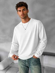 Men Spring Autumn Solid Color Drop Shoulder Long Sleeve Tee, Loose Fit Basic Crew Neck Casual Undershirt - White - View 3