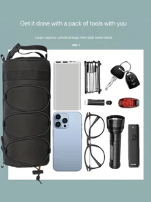 Large Capacity Adjustable Bicycle Handlebar Bag, Multi-Compartment Front Frame Bag With Handlebar Mount, Stylish Cylindrical Design, Elastic Storage System For Cycling Essentials - Multicolor - View 8