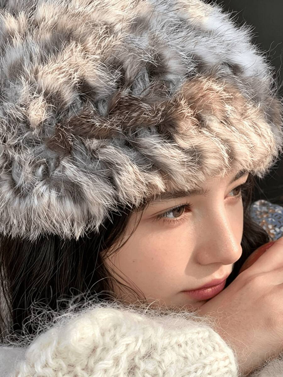 1pc Faux Rabbit Fur Adjustable Bucket Hat, Women's Autumn/Winter Versatile Warm Large Head Circumference Bucket Hat, Solid Color Plush Bucket Hat - Plush - View 1