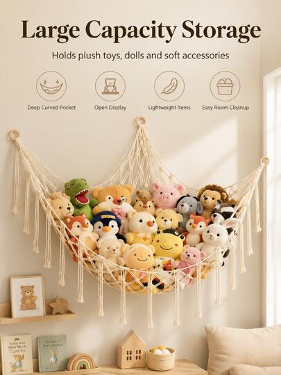 Bohemian Style Hanging Toy Hammock/Storage Net With Tassels And Hooks, Suitable For Home Decor, Accessories Or Classroom Arrangement, Bedroom Decoration First Choice, Suitable For Alpaca Theme, Birthday Or Graduation Gift
