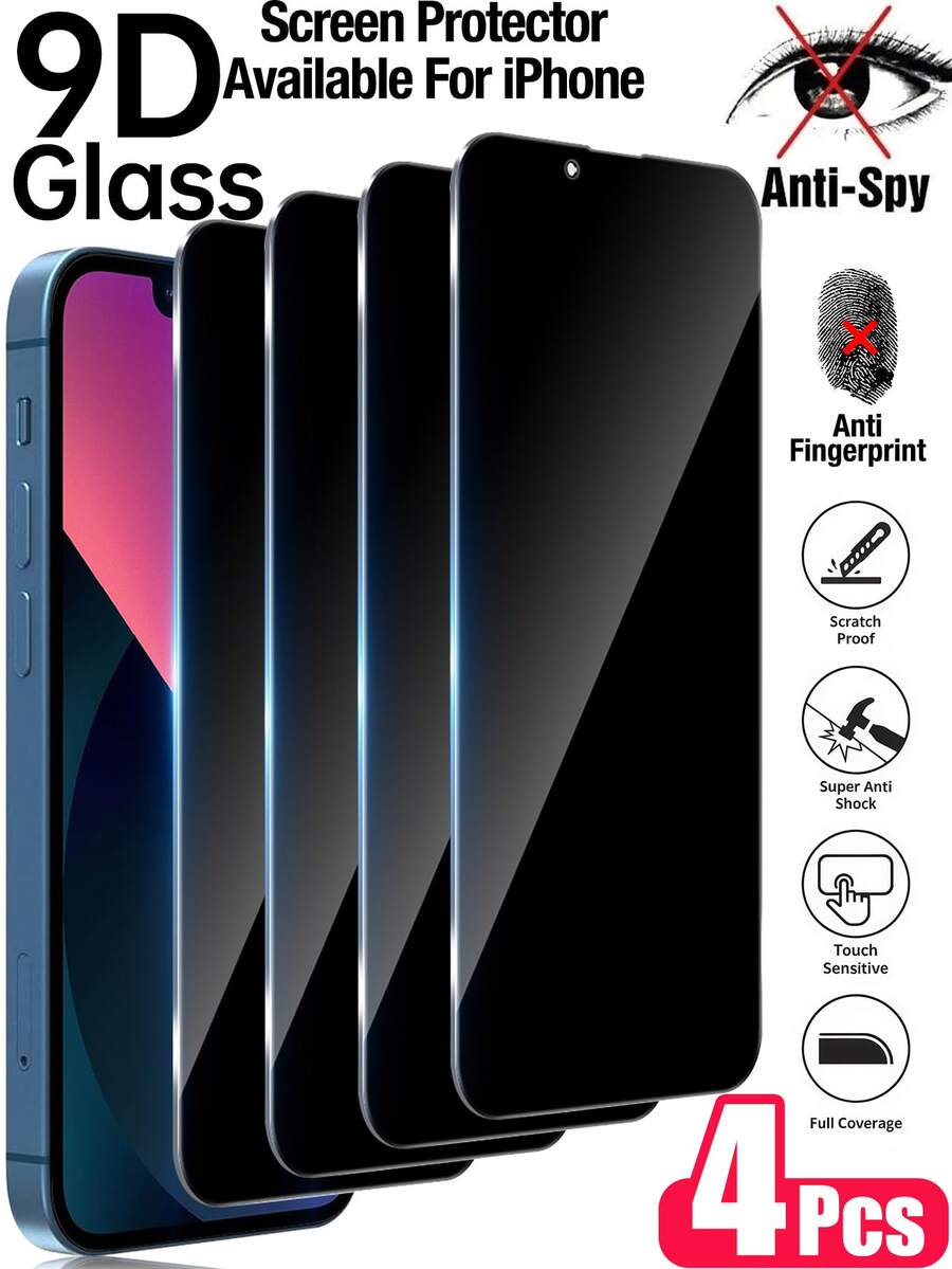 Yezodawee 4pcs Tempered Glass Privacy Screen Protector, Compatible With IPhone 17 Pro Max/17 Pro/17/Air/16 Pro Max/16/16 Pro/16 Plus/14 Pro Max, 9H+ Scratch Resistant, Touch Sensitive, Compatible With Phone Cases, Includes Cleaning Kit, Premium 9H+ - 4Pcs - View 1