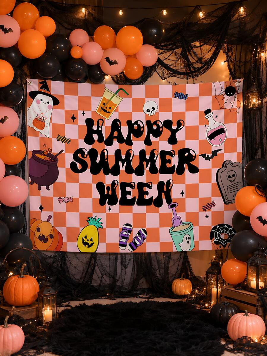 2 Peças - Banner de Bottom de Halloween de Verão - Decoração Feliz de Halloween de Verão, Tamanho Grande, 150*100cm, Halloween de Verão, Decoração de Festa de Halloween de Verão, Bottom Suspenso de Halloween de Verão, Adereço de Bottom de Fotografia, Decoração de Bottom de Cabine de Fotos de Festa de Halloween de Verão Interna/Externa, Festa de Aniversário na Piscina (Multicolorido) - Multicolorido - Visão 1