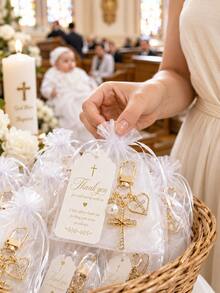 10/20 Sets Gold Cross Faith Keychains Party Favors With Pearls, Suitable For Baptism, First Communion, Christening, Confirmation, Birthday Gifts - Multicolor - View 7