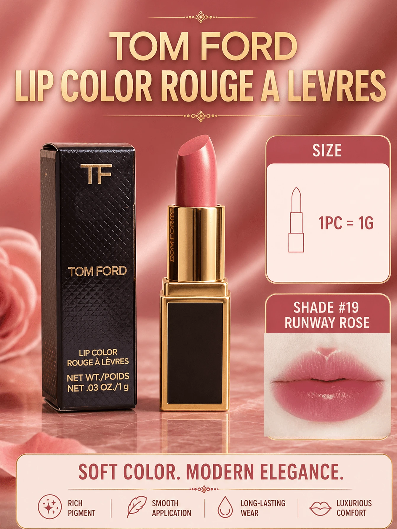 Tom Ford Black Tube Lipstick, #19 RUNWAY ROSE, 1g, Hydrating Texture, Non-Drying, Brightens Complexion, Suitable For Natural Fair Skin, Daily Commute, Dating