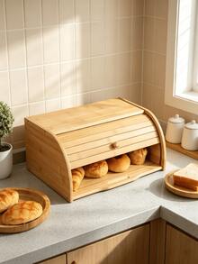 1pc Roll Top Bamboo Bread Box, Large Capacity Wooden Bread Storage Container, Countertop Bread Keeper With Rolling Lid, Food Storage Bin For Loaves Pastries Kitchen Counter Organizer - Multiple Specifications - View 1