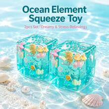 2pcs Ocean Shell Square Squishy Stress Relief Toys, Transparent Liquid Fingertip Squeeze Toys With Star Glitter, Portable Sensory Fidget Toys For Kids And Adults Daily Relaxation - Mint Blue 2pc - View 1