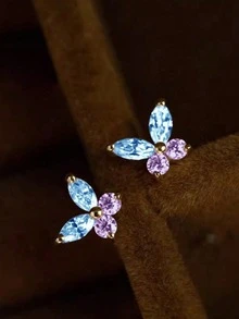 1 Pair S925 Sterling Silver Blue & Purple Contrast Color Marquise Zirconia Fresh Gradient Butterfly Stud Earrings Niche Exquisite Jewelry - Butterfly - View 3