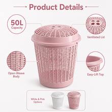 50L Laundry Basket With Lid, Clothes Storage Hamper For Bedroom Bathroom Laundry Room, White Or Pink - View 3