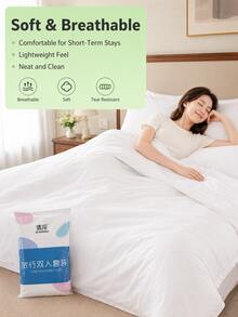 1 pieza Juego de ropa de cama desechable para viaje que incluye sábana, edredón y funda de almohada, adecuado para hotel, motel, estilo, color y empaque aleatorios - Blanco - Ver 5