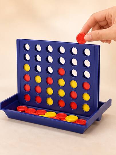 1pc Mini Blue Four-In-A-Row Desktop Strategy Game, With Red & Yellow Game Board, Portable Folding Game Board With Built-In Storage Tray, Suitable For Home, Travel, Party, Family Gathering, Classroom Activity, Birthday Gift And Holiday Entertainment