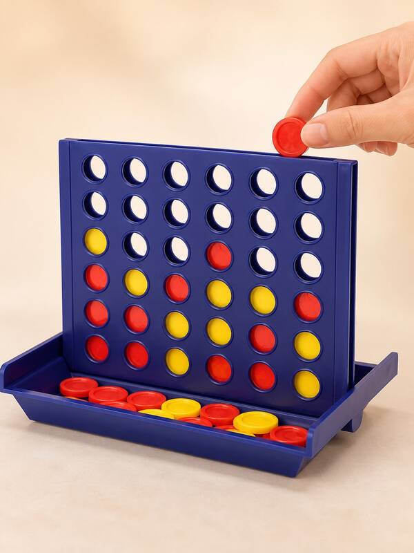 1件迷你藍色四子棋桌面策略遊戲，附紅黃棋盤，可攜式折疊棋盤內建收納盤，適合居家、旅行、派對、家庭聚會、課堂活動、生日禮物與節日娛樂