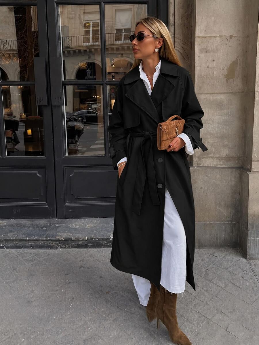 Risissida Women's Minimalist Long Windbreaker, Suitable For Spring And Autumn, With Belt And Pockets, Versatile For Various Occasions Black - Black - View 1