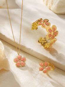 1 Set Elegant Style Enamel Floral Design Stainless Steel Women Jewelry Set Suitable For Date Wear - Yellow Gold - View 5