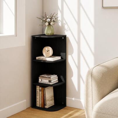 3-Tier Black Corner Bookshelf, Small Wooden Storage Cabinet, Space-Saving Display Shelf For Living Room, Bedroom & Playroom