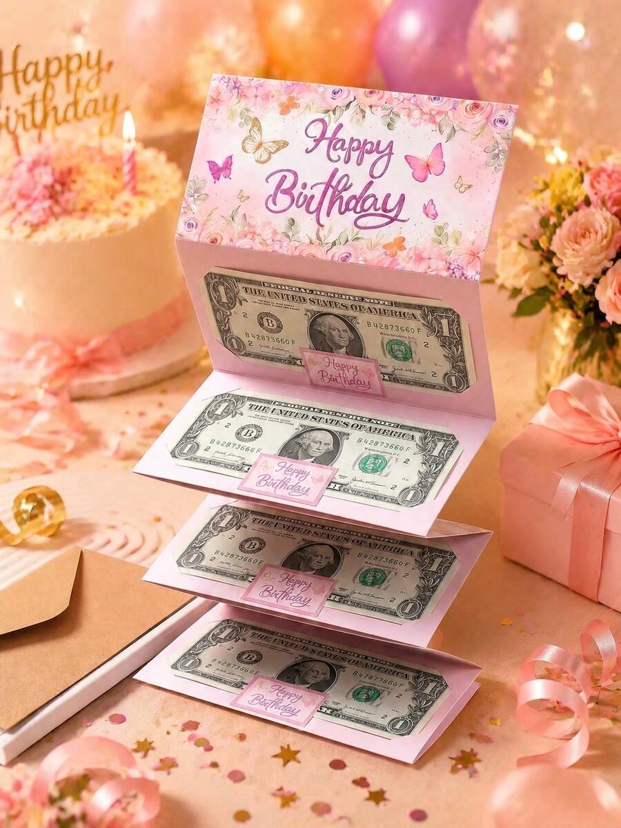 生日紙製現金禮物收納袋，驚喜現金信封，適合男女生日禮物卡，粉色與金色現金收納袋