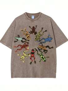 Summer Tops, Washed Cotton, Dancing Frog Feast Print T-Shirt, High-Quality Batik Cotton Vintage Fashion Brand T-Shirt, Unisex T-Shirt, Popular Daily W - CF01 - 查看 1