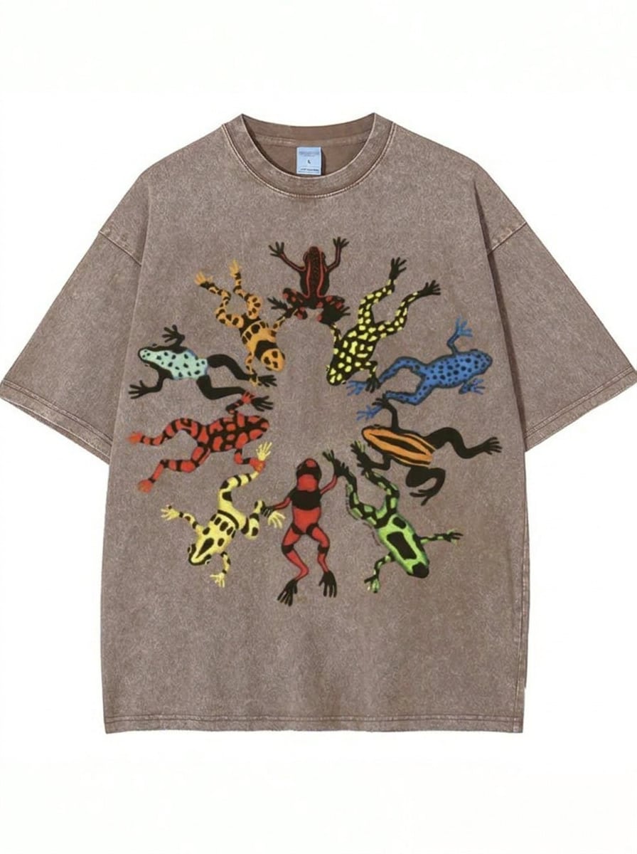 Summer Tops, Washed Cotton, Dancing Frog Feast Print T-Shirt, High-Quality Batik Cotton Vintage Fashion Brand T-Shirt, Unisex T-Shirt, Popular Daily W - CF01 - 查看 1