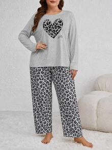 Plus Size Women's Grey Heart Print Long Sleeve Top And Pants Pajama Set, Winter Clothing - Grey - View 9