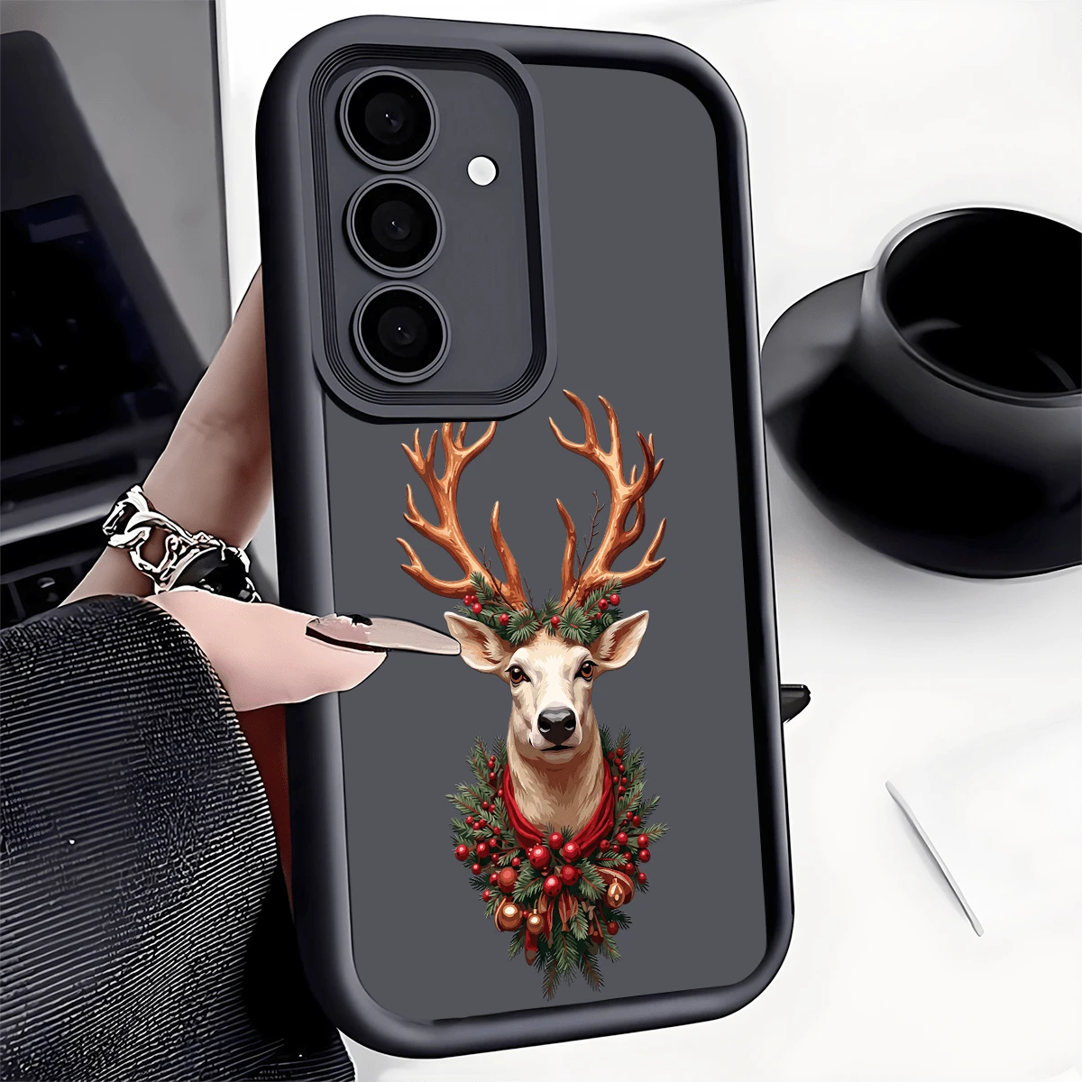 Christmas Reindeer Ribbon TPU Shockproof Phone Case Thick Anti-Slip Protective Cover Compatible With Huawei Honor Galaxy S26,S26plus,S26ultra [International Version Not Local Version - Black - View 1