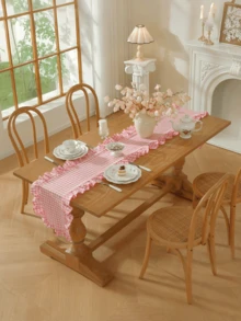 1/20PCS French Style Plaid Vintage Ruffle Edge Table Runner, Suitable For Living Room, Dining Room, Holiday Party, Family Gathering, Wedding Banquet, Birthday Table Decoration, Washable - Pink - View 3