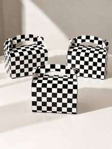 6/12 piezas Cajas de regalo a cuadros blanco y negro, cajas de recuerdos con tema de carreras con asas, cajas DIY para dulces y aperitivos, cajas de golosinas triangulares para decoraciones de fiesta de cumpleaños, suministros para fiestas infantiles, decoraciones de Navidad y Halloween, bolsas de regalo para dulces y aperitivos - Caja de regalo minimalista a cuadros blanco y negro - Ver 4