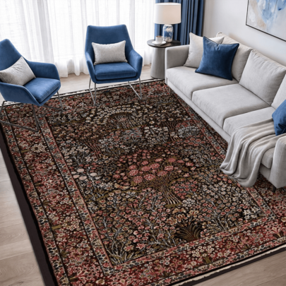 Persian Vibrant Tree Floral Velvet Area Rug, Intricate Tapestry Bedroom Decor, Soft Living Room Accent Rug, Vintage Decor