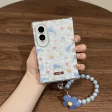 Korean Style Cute Blue & Pink Floral Pleated Transparent Phone Case With Flower Chain, Compatible With Samsung Galaxy Z Fold 8 Wide ZFold8 Back Cover - Transparent + Blue Flower Chain - View 3
