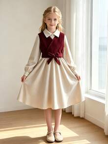 Left Mama Girls Elegant Minimalist Collared Long Sleeve Dress With Vest Top Set, Spring/Autumn - Burgundy - View 1