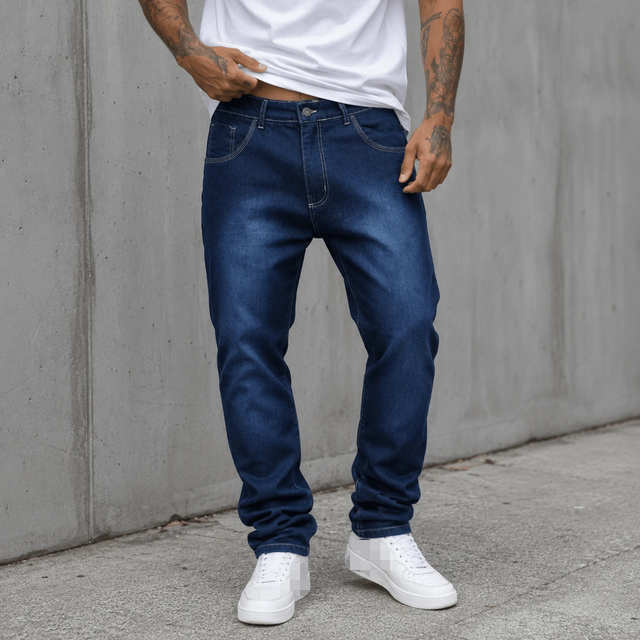 Cheap Basic Men's Jeans With Elastane - On - Dark Wash - View 1