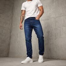 Cheap Basic Men's Jeans With Elastane - On - Dark Wash - View 3