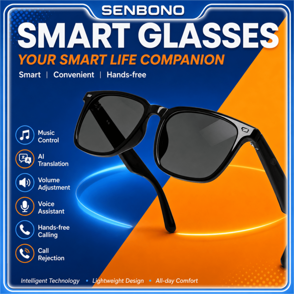SENBONO Smart AI Glasses: Real-Time Translation, Hands-Free Calling & Voice Assistant. Stylish Bluetooth Audio Eyewear With Hall Effect Sensor & Easy Volume Control