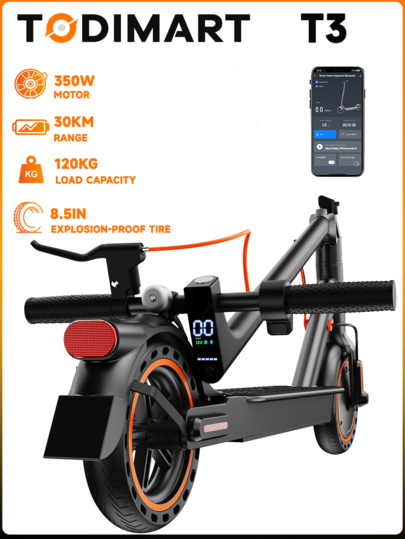 Todimart Trottinette électrique T3 pour adultes, moteur avant de 350 W, autonomie maximale de 30 km, trois vitesses pour s'adapter à la plupart des conditions de circulation, application mobile disponible