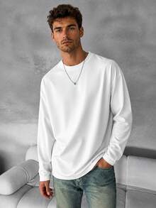 Men Spring Autumn Solid Color Drop Shoulder Long Sleeve Tee, Loose Fit Basic Crew Neck Casual Undershirt - White - View 2