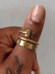 2pcs/Set Luxury Exquisite Floral Ring & Cross Ring, Full Zirconia Ring Set, Stackable Rings, 18K Stainless Steel Unisex Rings, Gold & Silver Dual Color Options, Size 6-10, Wedding Rings, Wedding Season Gift, Couple Jewelry, Waterproof & Fade-Resistant, Long-Lasting Color - Multicolor - View 2