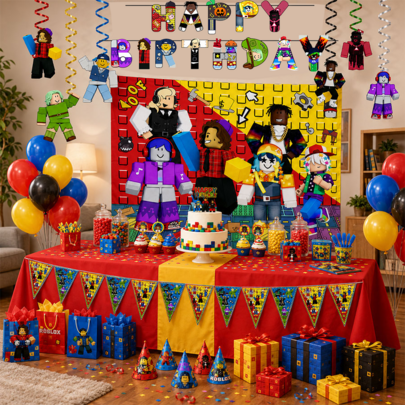 Set Dekorasi Pesta Ulang Tahun 30pcs/Set Terdiri dari Banner Huruf + Latar Belakang 150*100cm + 6 Dekorasi Spiral + 10 Bendera Segitiga, Set Dekorasi Pesta Ulang Tahun Kertas Cetak Roblox, Cocok untuk Pesta Ulang Tahun, Halloween, Thanksgiving, Hari Buruh, dan Dekorasi Natal.