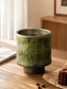 1pc Vintage Textured Ceramic Tea Cup, Japanese Retro Handmade Pottery Stoneware Handleless Coffee Cup, 200-220ml Small Espresso Latte Cappuccino Milk Water Cup, Suitable For Home Cafe Kitchen Office Breakfast Afternoon Tea Gift - Fabric-textured Disposable Cup - View 5
