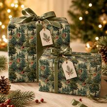 Gift Wrapping Paper, Vintage Watercolor Winter Pine Forest Scenery Pattern, Cuttable Gift Packing Paper For Christmas Winter Holiday Gifts - Forest - View 10
