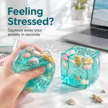 2pcs Ocean Shell Square Squishy Stress Relief Toys, Transparent Liquid Fingertip Squeeze Toys With Star Glitter, Portable Sensory Fidget Toys For Kids And Adults Daily Relaxation - Mint Blue 2pc - View 2
